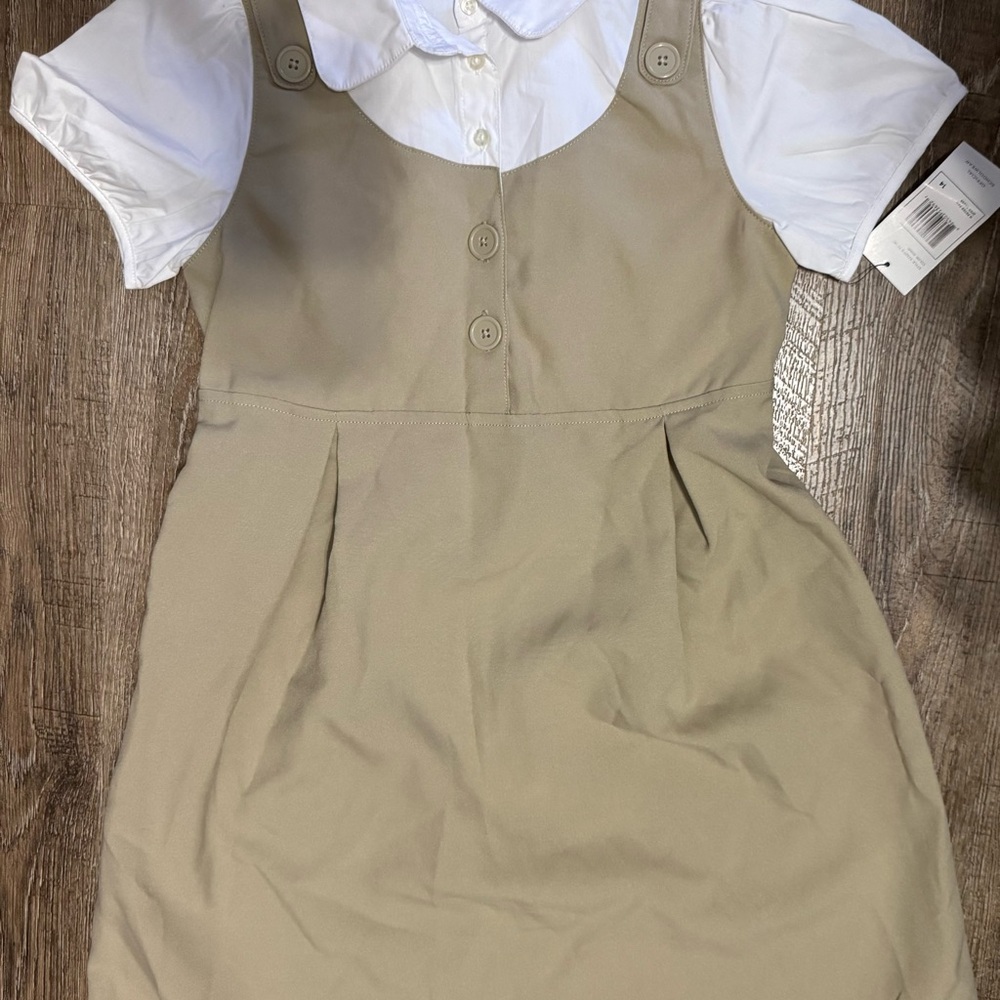 French Toast Tan Pinafore Dress with White Blouse